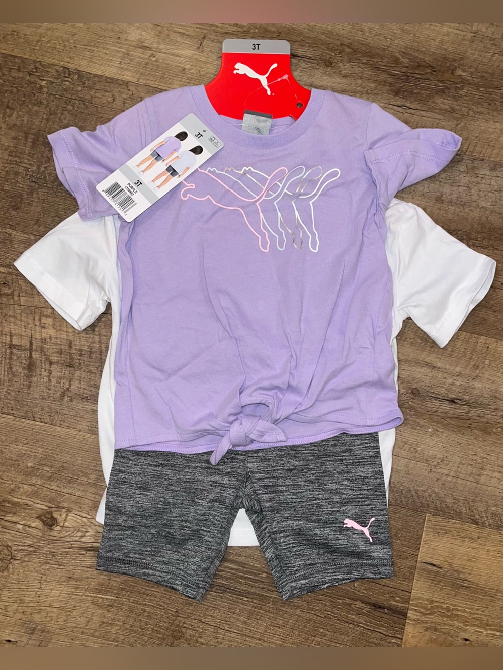 NWT 3 Piece Puma Girls Lavender & White Logo Tees & Gray Shorts Set - Size 3T